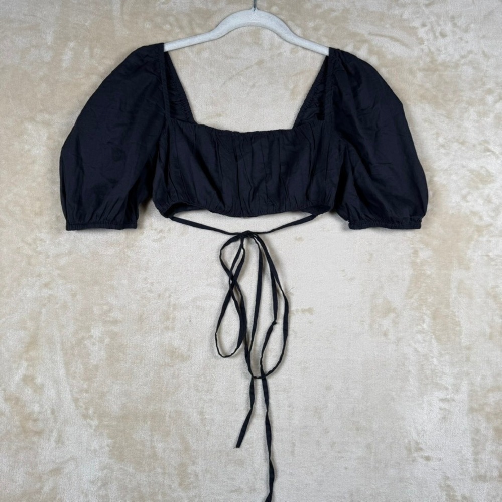 Lovers+Friends Revolve S Black Cotton Puff Sleeve Crop Top Tie‎ Back Square Neck